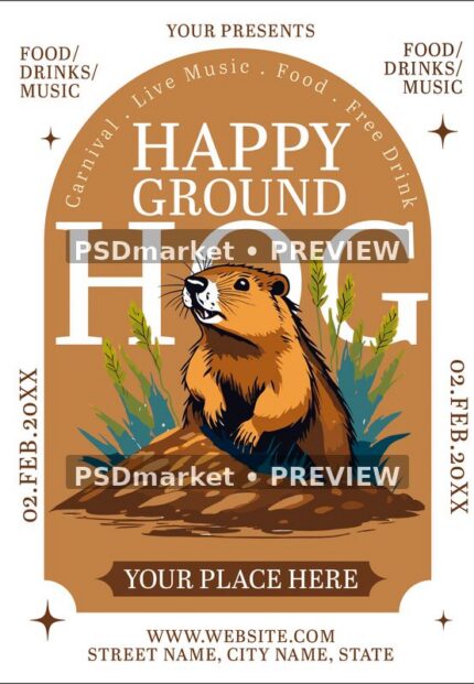 Tan and white Groundhog celebration flyer with illustrated animal, foliage and arched serif typography