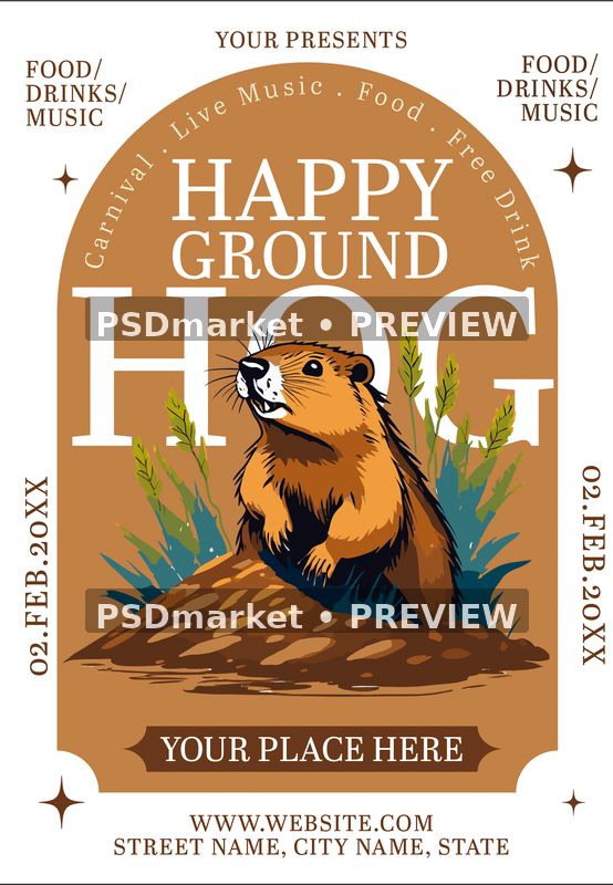 Illustrated Groundhog Arch Celebration Flyer PSD Template — PSD template preview