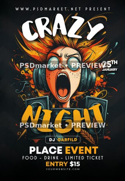 Illustrated Headphone Girl Crazy Night Flyer — supplied source artwork preview