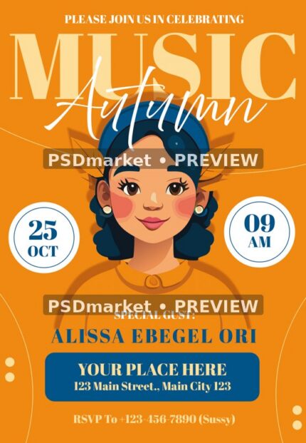 Illustrated Headphone Woman Autumn Music Flyer PSD Template — PSD template preview