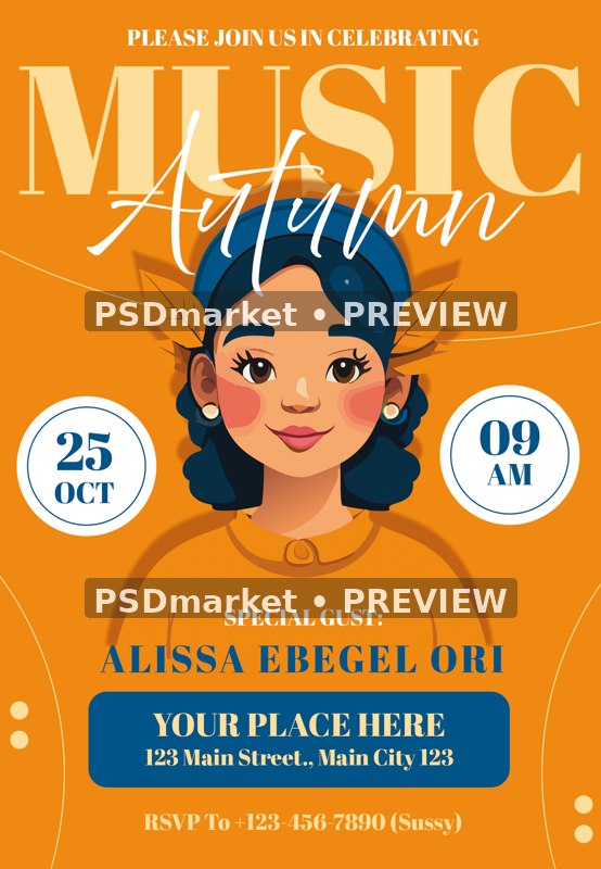 Illustrated Headphone Woman Autumn Music Flyer PSD Template — PSD template preview