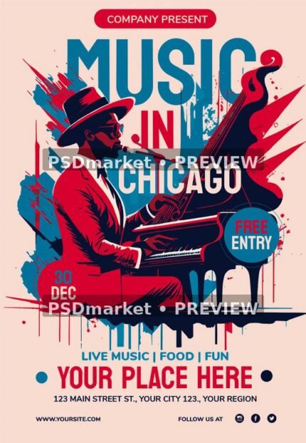 Illustrated Pianist Music in Chicago Flyer PSD Template — PSD template preview