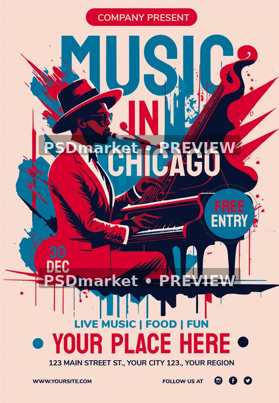 Illustrated Pianist Music in Chicago Flyer PSD Template — PSD template preview