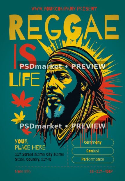 Teal reggae flyer with yellow illustrated portrait, striped headwrap, radiating accents and red and yellow lettering