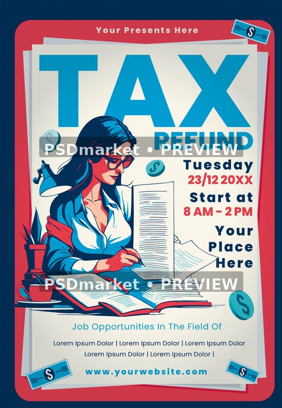 Illustrated Tax Refund Service Flyer PSD Template — PSD template preview