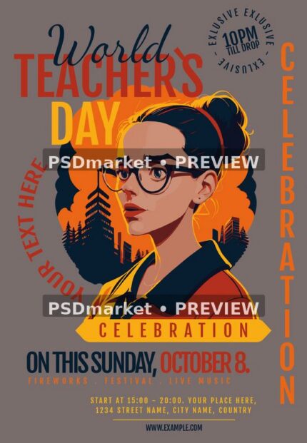 Illustrated Teacher Appreciation Celebration Flyer PSD Template — PSD template preview