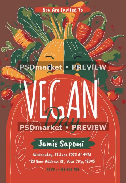 Warm red Vegan Day invitation with smiling vegetables, leafy greens and hand-drawn typography