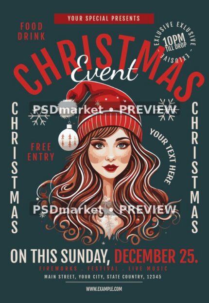 Illustrated Woman Christmas Event Flyer PSD Template — reduced watermarked source artwork preview