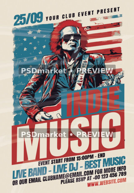 Indie Music flyer featuring a stylized guitarist, distressed American flag backdrop and angled red and teal headline blocks
