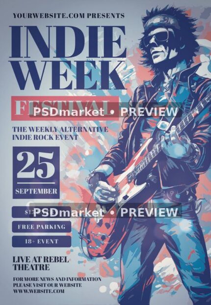 Blue and coral Indie Week flyer with illustrated guitarist, festival heading and preview watermarks
