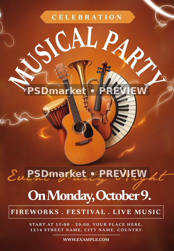 Instrument Collage Musical Party Flyer PSD Template — PSD template preview