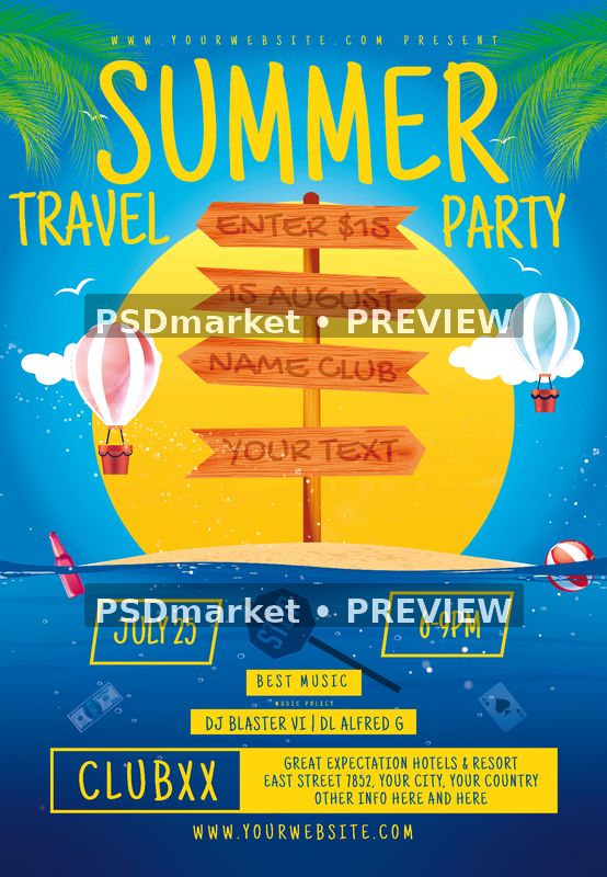 Summer Travel Party flyer with island signpost, yellow sun, balloons, blue water and two preview watermarks