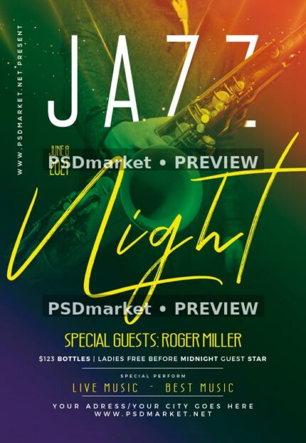 Jazz Night flyer with a saxophone player, green and orange color wash, yellow script and two horizontal PSDmarket preview watermarks