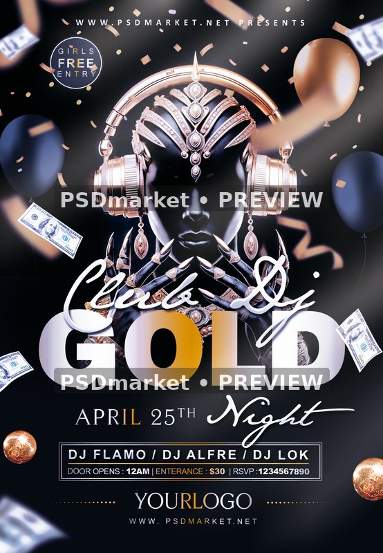 Jeweled Rose Gold Headphones Club Flyer PSD Template — PSD template preview