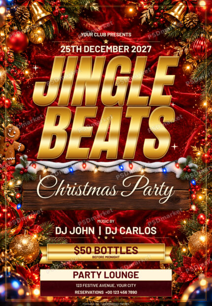 Jingle Beats Christmas party flyer with complete gold italic lettering, ruby velvet, festive greenery and a snowy walnut plaque