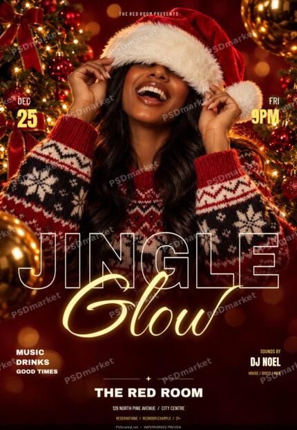 Jingle Glow Christmas party flyer with Santa hat portrait, outline lettering and glowing gold script