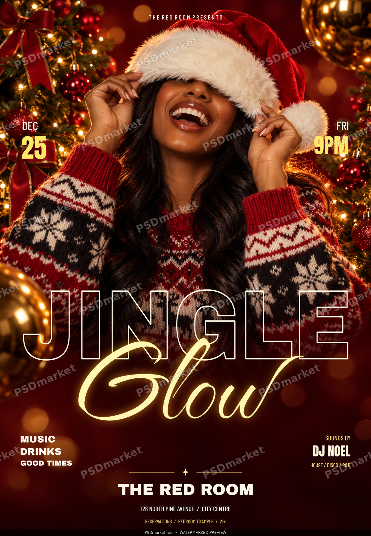 Jingle Glow Christmas party flyer with Santa hat portrait, outline lettering and glowing gold script