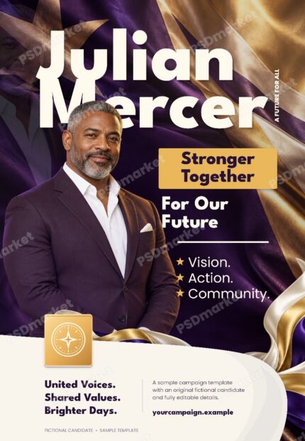 Watermarked preview of a purple and gold fictional candidate campaign flyer PSD with editable typography, portrait, satin ribbons and curved ivory footer.