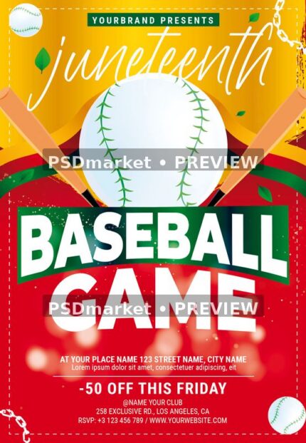 Red yellow and green Juneteenth baseball flyer with ball and crossed bats, with two horizontal PSDmarket preview watermarks