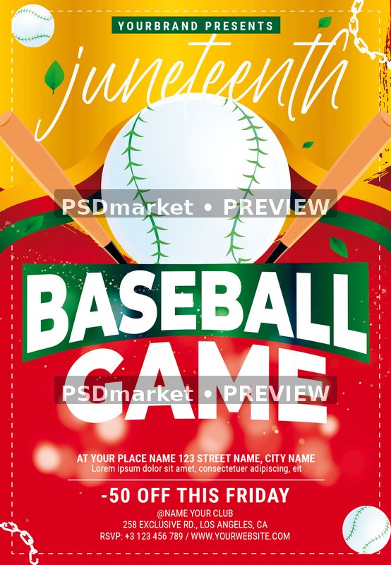 Juneteenth Baseball Game Celebration Flyer PSD Template — PSD template preview