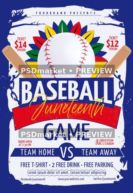Blue Juneteenth Baseball flyer with ball, crossed bats, team panels and preview watermarks