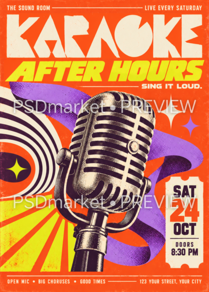 Orange retro Karaoke After Hours flyer with vintage microphone, purple ribbon and bold cream and yellow lettering; watermarked preview.