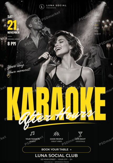 Black and yellow Karaoke After Hours flyer with three singers and PSDmarket preview watermarks
