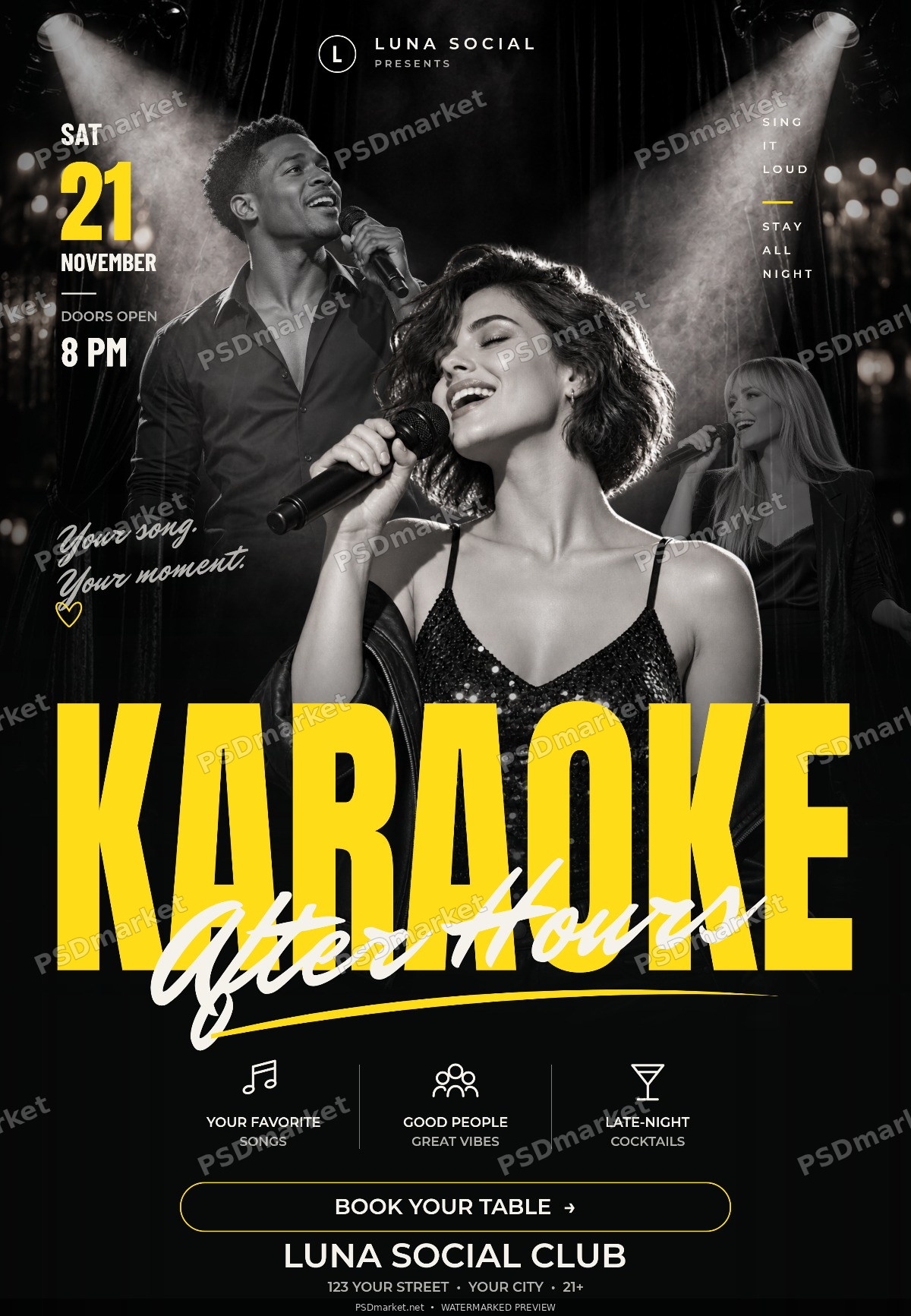 Karaoke After Hours Yellow Stage Flyer PSD Template — PSD template preview