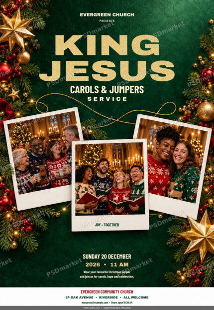 Watermarked King Jesus carols and Christmas jumpers service flyer with gold lettering, evergreen foliage, gold stars and a three-frame festive photo collage.