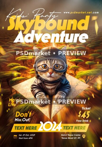Kitten Aviator Skybound Adventure Kids Flyer — reduced watermarked source artwork preview