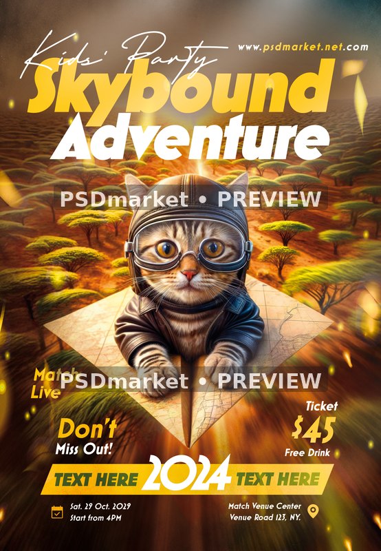 Kitten Aviator Skybound Adventure Kids Flyer PSD Template — PSD template preview