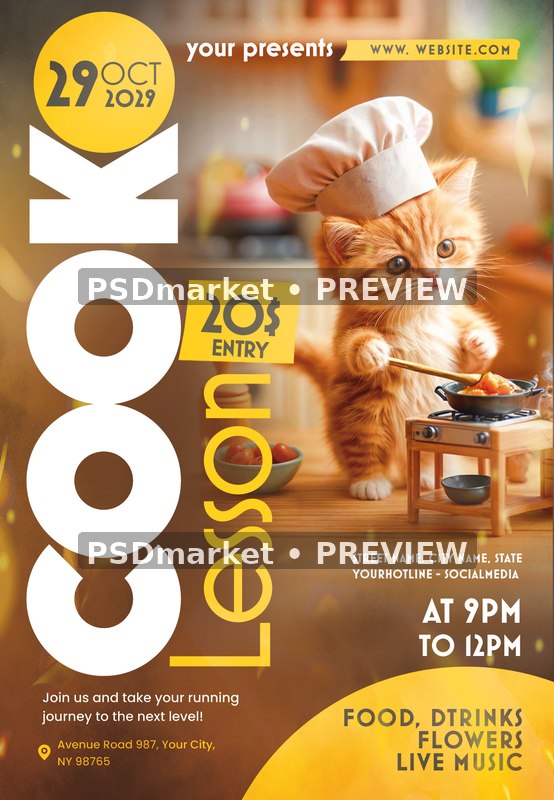 Kitten Chef Cooking Lesson Flyer PSD Template — PSD template preview