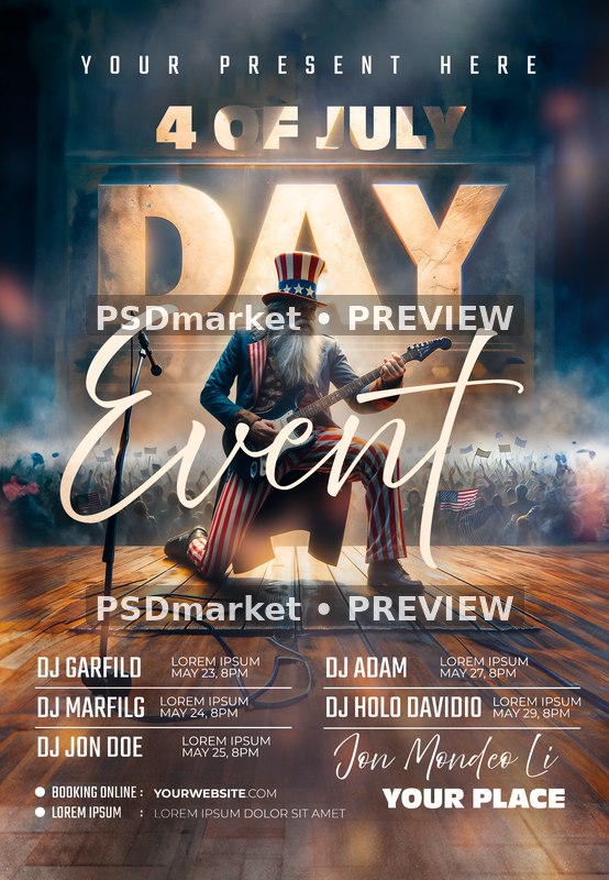 Kneeling Guitarist Fourth of July Event Flyer PSD Template — PSD template preview