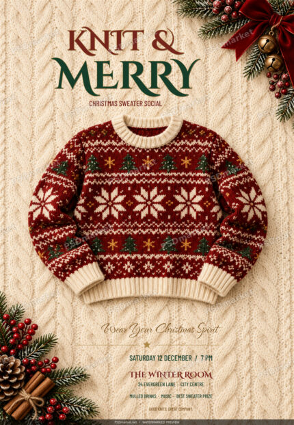 Knit and Merry Christmas sweater party flyer with burgundy sweater, cream knitted texture and red green gold typography, watermarked preview