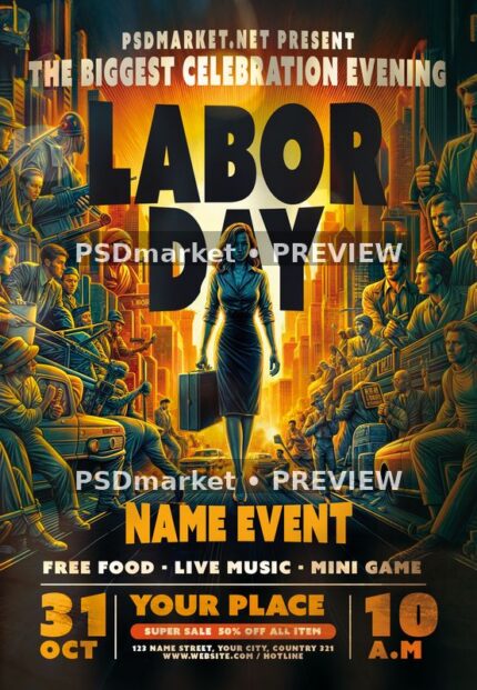 Labor Day flyer with bold black title, golden city scene, central figure and yellow event details.