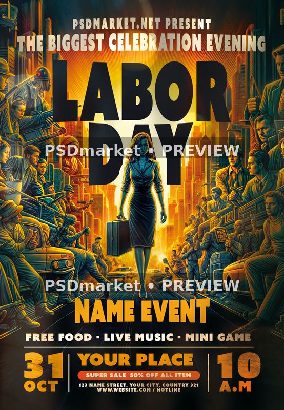 Labor Day Golden City Event Flyer PSD Template — PSD template preview