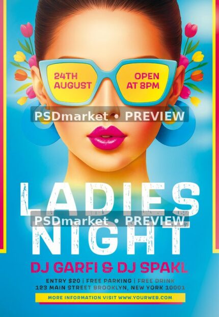 Ladies Night flyer with colorful sunglasses portrait, turquoise background, pink details and white headline.