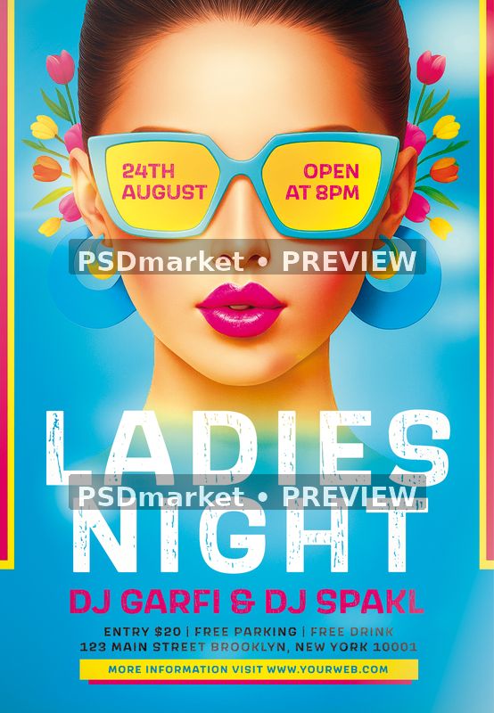 Ladies Night Colorful Sunglasses Flyer PSD Template — PSD template preview