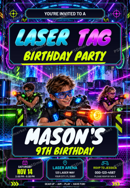 Laser Tag birthday party flyer with cyan and magenta lettering, fictional children in a neon arena, editable name and event cards; watermarked preview