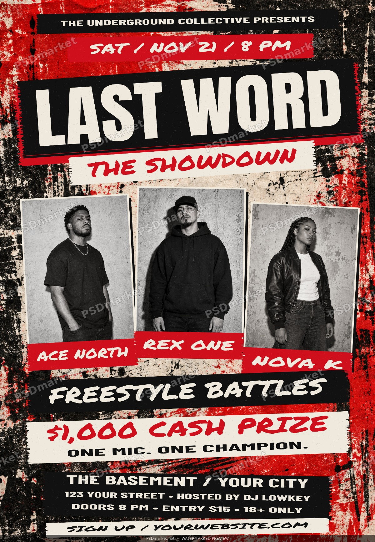 Last Word The Showdown red black cream rap battle flyer with three portrait panels; PSDmarket watermarked preview
