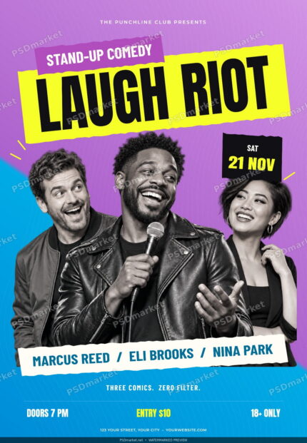 Laugh Riot V2 stand-up comedy flyer with yellow headline, purple and cyan background, and three fictional comedians; PSDmarket watermarked preview.