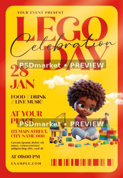 Yellow and orange Lego Day flyer with illustrated child, colorful building bricks and preview watermarks