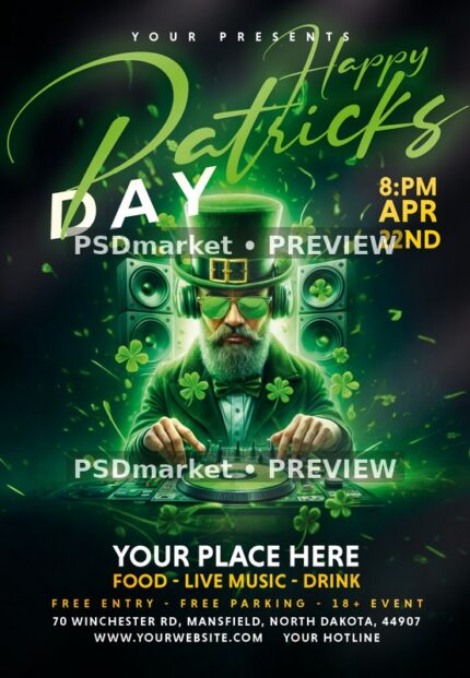 Leprechaun DJ Patrick's Day Flyer PSD Template — PSD template preview