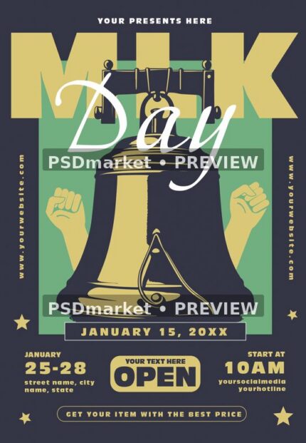 Charcoal MLK Day flyer with gold Liberty Bell and mint green panels, shown with two horizontal preview watermarks
