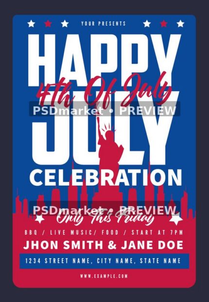 Red white and blue Fourth of July flyer with Liberty silhouette and skyline, displayed with two horizontal preview watermarks