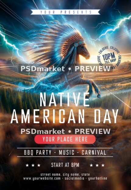Lightning Horse Native American Day Flyer PSD Template — PSD template preview