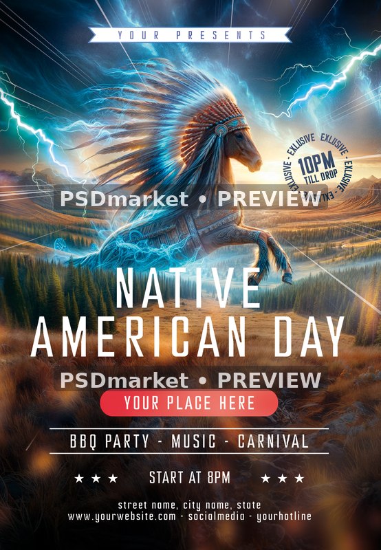 Lightning Horse Native American Day Flyer PSD Template — PSD template preview