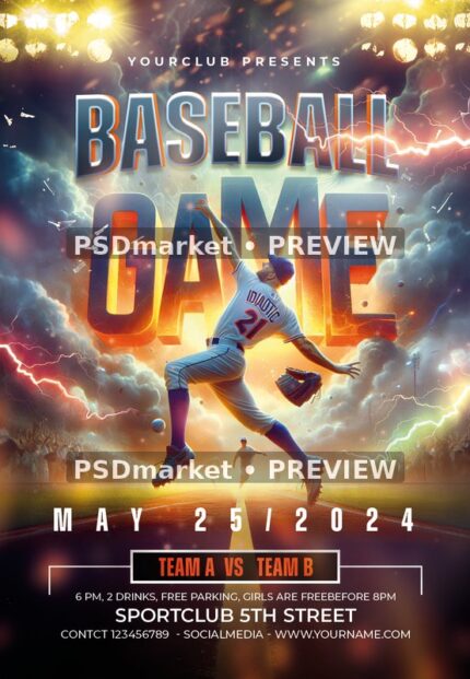 Lightning Pitcher Baseball Game Flyer — reduced watermarked source artwork preview