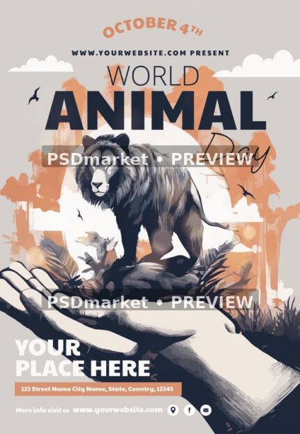 World Animal Day flyer with illustrated lion on open hands, peach trees, birds and charcoal heading