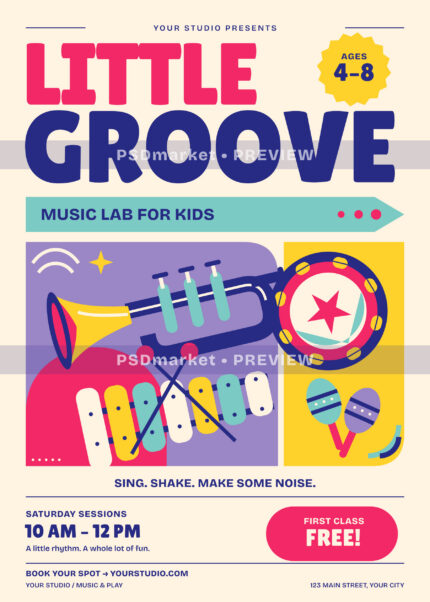 LITTLE GROOVE kids music class flyer with pink and blue lettering and colorful trumpet, tambourine, xylophone and maracas